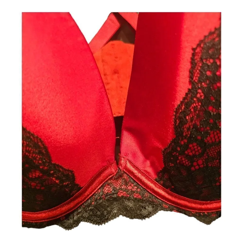 CACIQUE Red Satin Black Lace Plunge‎ Underwire Bra - Size 40F